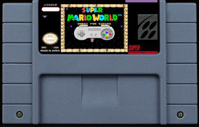 Super Mario World: Quest For Gaming – 98-Exit SMW Hack, Walljumps & Gaming Crossovers by Bandicoot | Custom SNES Cartridge NTSC