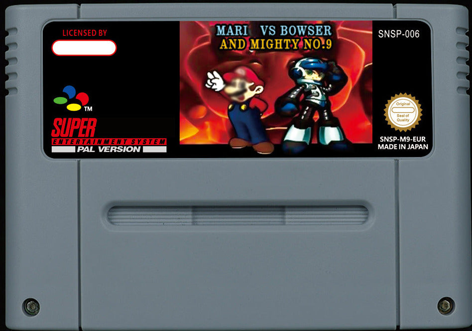 Mario vs. Bowser and Mighty No. 9 – 80-Exit SMW Crossover, Mega Man, Sonic & Digimon, PAL | Custom SNES Cartridge