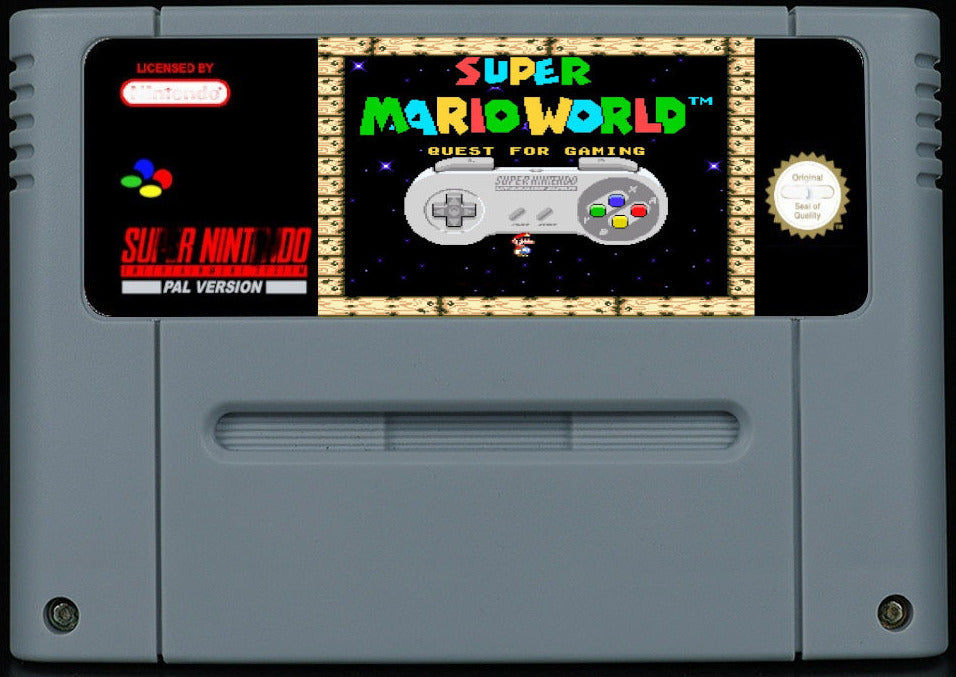 Super Mario World: Quest For Gaming – 98-Exit SMW Hack, Walljumps & Gaming Crossovers by Bandicoot | Custom SNES Cartridge PAL